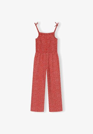 Raudonas, be rankovių kombinezonas su baltais gėlių raštais, surištas liemuo, surišamos petnešėlės ir platėjančios kelnės.