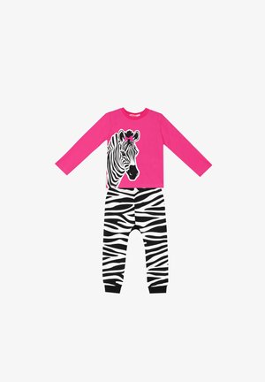 Vaaleanpunainen pitkähihainen paita, jossa on zebra-graafinen kuva ja nauha, yhdistetty musta-valkoisiin raidallisiin housuihin. Puuvillamateriaalia, rento muotoilu.