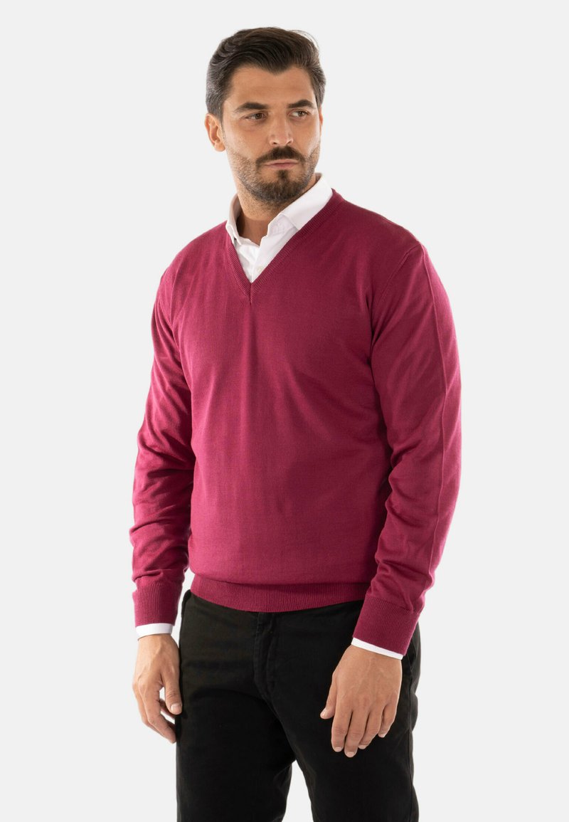 Maglione a V in tessuto a maglia bordeaux scuro, con polsini e orlo a coste, indossato sopra una camicia bianca con colletto, abbinato a pantaloni neri.