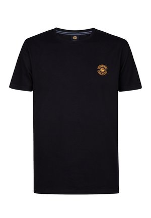 Fekete pamut póló kerek nyakkivágással és rövid ujjakkal, egy apró narancssárga logóval a bal mellrészen.