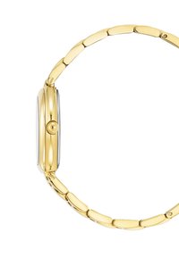 Reloj de metal en tono dorado con una caja suave y redondeada y una correa de eslabones. Presenta una corona lateral y un acabado pulido en la superficie.
