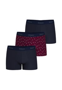 Trois paires de boxers pour hommes. Deux sont unis en marine, et l'un présente un motif bordeaux avec de petites motifs de pilules colorées. Ceinture sombre.