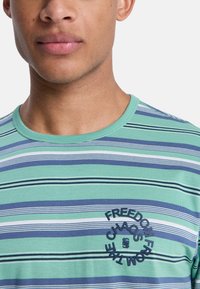 Striped t-shirt featuring green, blue, and white horizontal lines, with a round embroidered logo stating "FREEDOM FROM CHAOS."