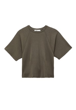 T-shirt a maniche corte di colore verde oliva con scollo rotondo, cuciture raglan e vestibilità morbida su sfondo bianco.