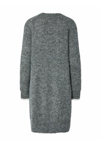 Abito maglia grigio lungo con maniche lunghe e polsini e orlo a coste, mostrato da dietro su uno sfondo bianco.