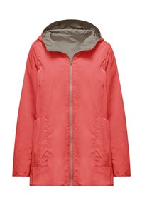 Giacca leggera con cappuccio color corallo, foderata in grigio a contrasto, con zip frontale completa e due tasche laterali. Tessuto testurizzato.