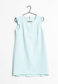 Ljusblå ärmlös klänning med rund halsringning, volangdetaljer vid axlarna och en dragkedja bak, tillverkad av slätt tyg med rak form.