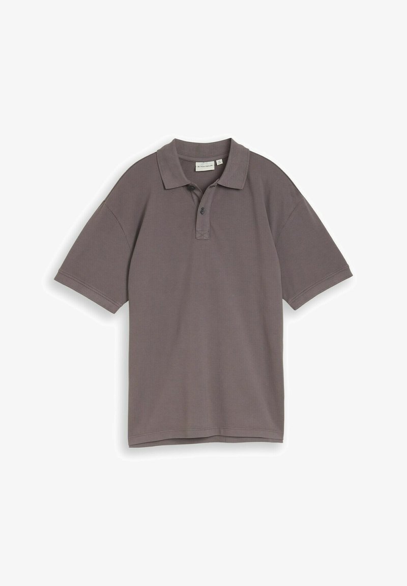 Polo à manches courtes gris foncé avec deux boutons et un col, design uni, posé à plat sur fond blanc.