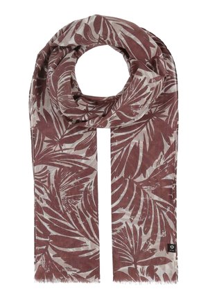 Foulard en tissu léger avec motif de feuilles tropicales rouge foncé, en boucle lâche avec des bords frangés et une petite étiquette de marque noire.
