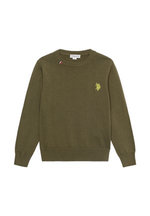 Maglione verde oliva a maniche lunghe con scollo tondo, polsini e orlo a coste, con un piccolo logo giallo ricamato sul petto.
