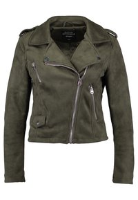 Giacca biker in faux suede verde oliva con zip argentate, tasche frontali inclinati e dettagli con spalline sulle spalle. Finitura testurizzata.