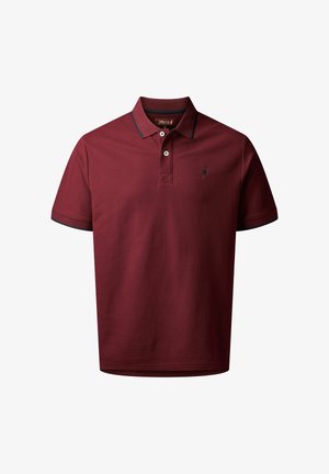 Camisa polo burdeos de algodón, con cuello, dos botones y mangas con ribete negro. Logo bordado en el pecho.