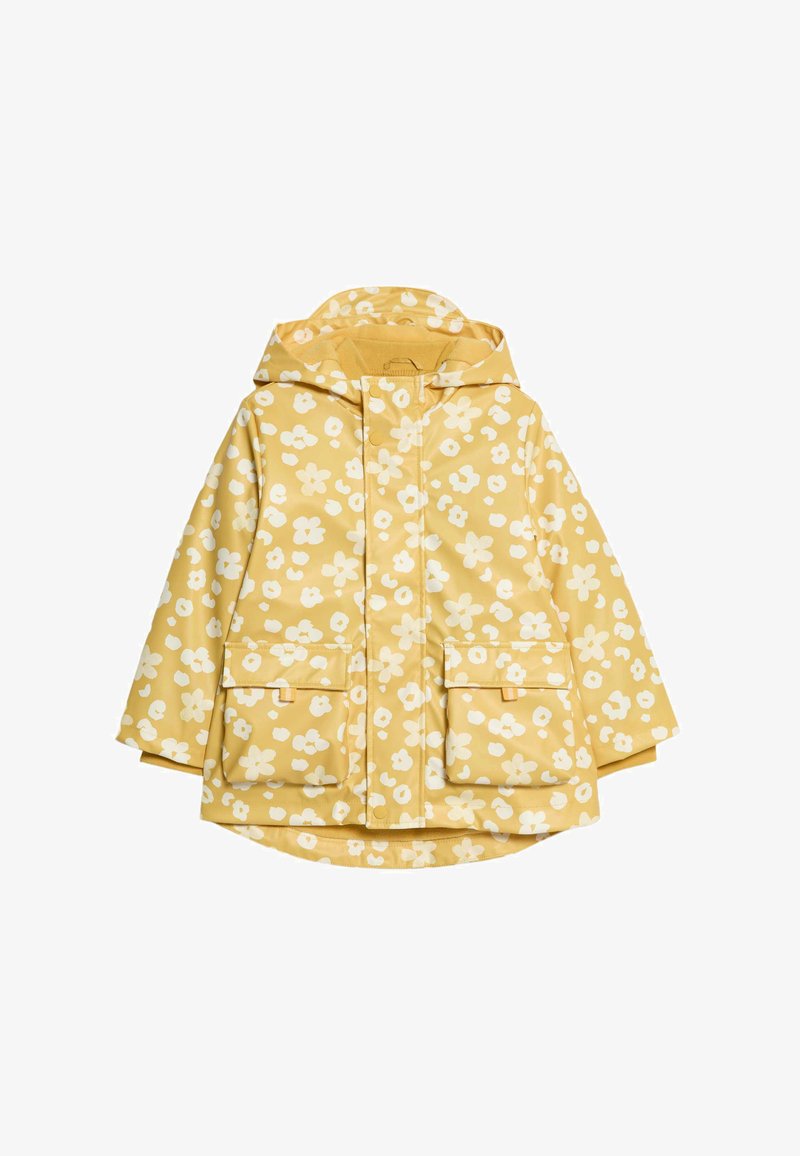 Impermeabile giallo con motivo floreale bianco, dotato di cappuccio, due tasche frontali e orlo arrotondato. Realizzato in materiale impermeabile.