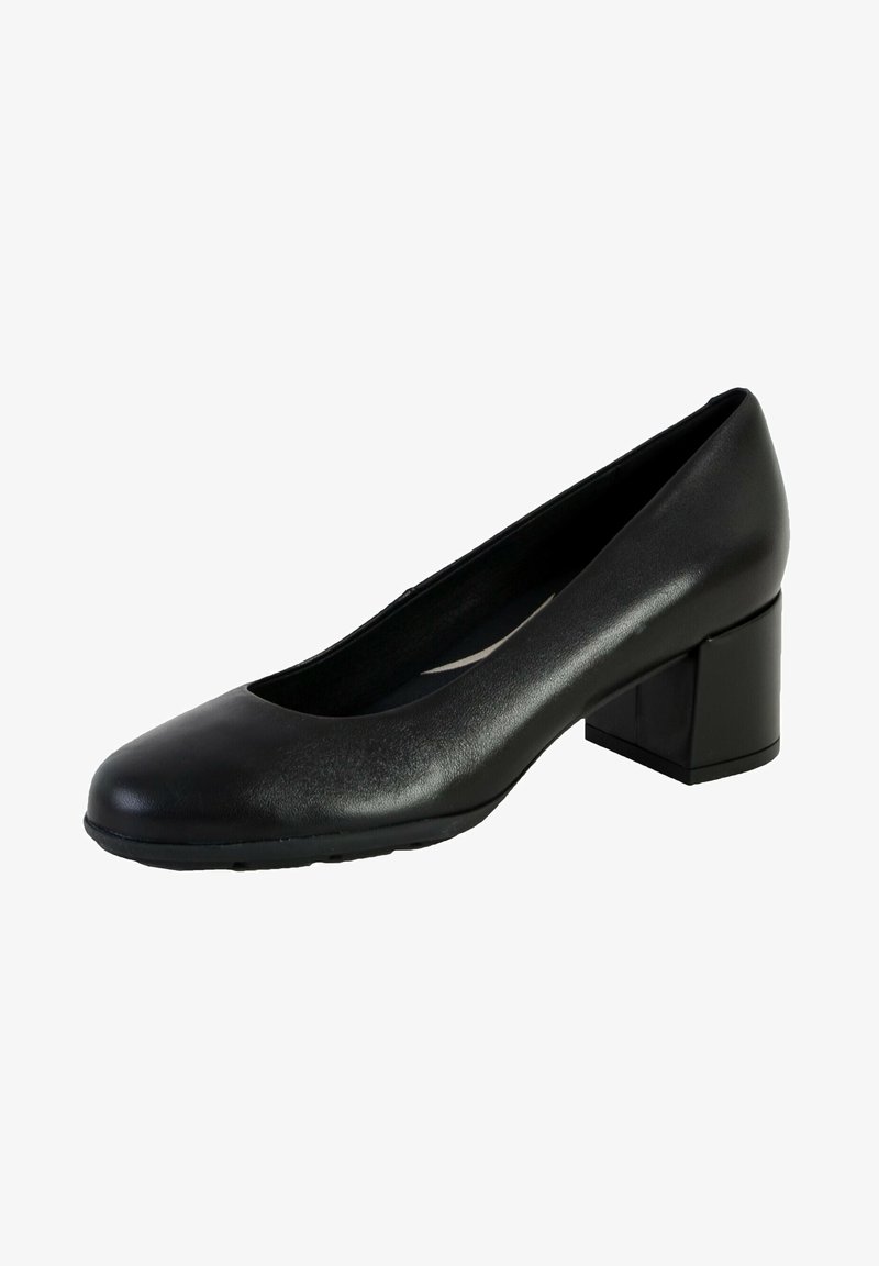 Escarpin en cuir noir avec un bout rond et un talon bloc. La surface est lisse avec une légère brillance, offrant une apparence élégante.
