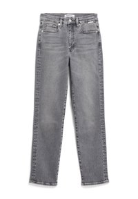 Jean gris taille haute, coupe droite, avec poches avant, passants de ceinture et fermeture à bouton et zip.