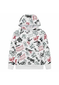 Wit stoffen hoodie met een graffiti-achtig print in rood, zwart en grijs, inclusief een voorzak.