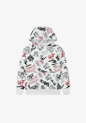 Felpa con cappuccio in tessuto bianco caratterizzata da una stampa in stile graffiti con testo e motivi in rosso, nero e grigio; include una tasca frontale.