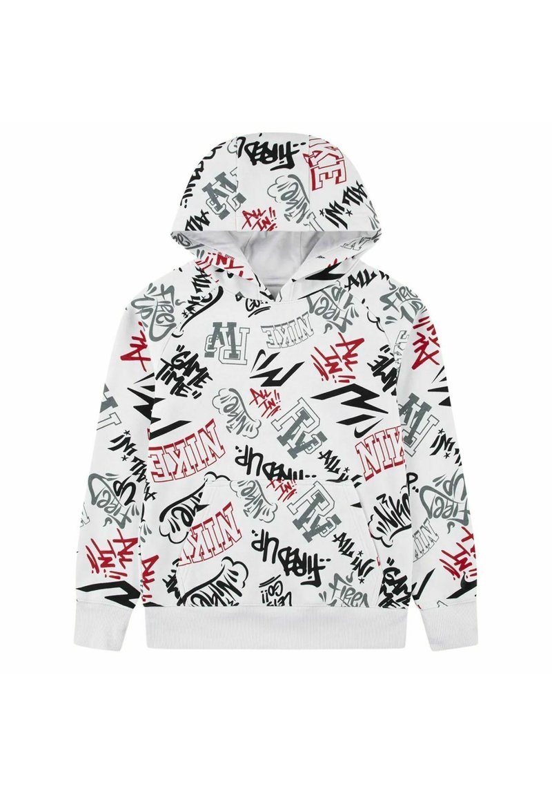 Wit stoffen hoodie met een graffiti-achtig print in rood, zwart en grijs, inclusief een voorzak.