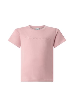 Różowy t-shirt z krótkim rękawem z wypukłym logo Champion na piersi i okrągłym dekoltem.