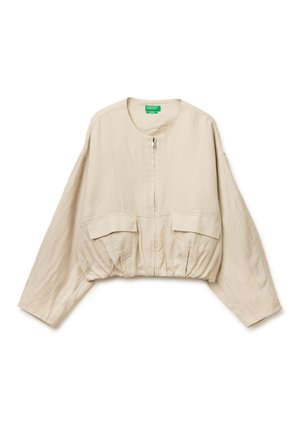 Beige kurzes Jackett mit langen Ärmeln, rundem Ausschnitt, Reißverschluss vorne, zwei Klappentaschen und gerafftem, elastischem Saumdetail.