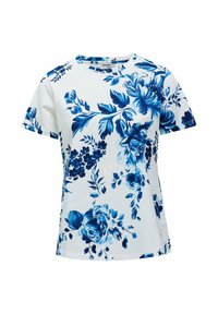 Camiseta floral de algodón blanco con patrones florales azules. Cuello redondo y mangas cortas, con un corte relajado.