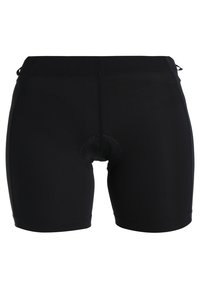Black padded cycling shorts shown from the back with textured fabric and a high waistband.