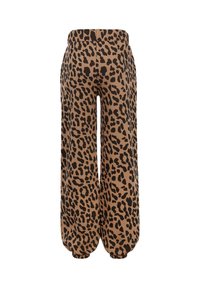 Luxe brede broek met luipaardprint in een tan- en zwartkleurenpalet, voorzien van een trekkoord in de taille en elastische boorden voor een ontspannen pasvorm.
