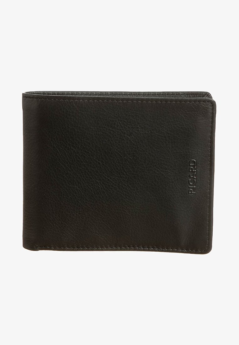 Schwarze Lederbörse mit strukturiertem Finish, im zwei-teiligen Design, geprägtem Logo an der Seite und sichtbaren Nähten entlang der Kanten.