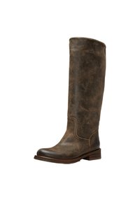 Botte haute en cuir marron vieilli avec bout arrondi et petit talon en bois, présentant des détails cousus sur les côtés et à l'avant.