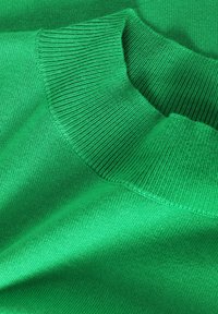 Groene gebreide trui met een geribde kraag en een soepele textuur, in een heldere, uniforme kleur zonder zichtbare patronen of accenten.