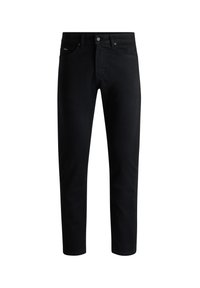 Jean noir à coupe droite avec poches avant, passants de ceinture et fermeture par bouton, présenté sur un fond blanc uni.
