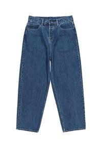 Pantalones vaqueros de mezclilla en un lavado azul medio con un corte holgado, diseño de pierna recta, estilo de cinco bolsillos y cierre en la parte superior.