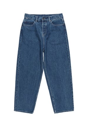 Denim jeans in a medium blue wash with a loose fit, straight leg design, five-pocket styling, and top button closure.