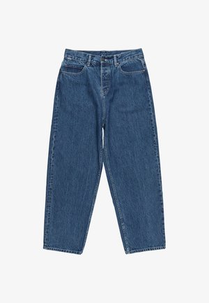Jeans in denim con una tonalità blu media, vestibilità ampia, design a gamba dritta, stile a cinque tasche e chiusura con bottone superiore.