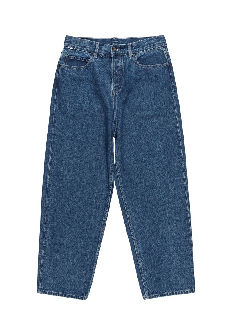 Pantalones vaqueros de mezclilla en un lavado azul medio con un corte holgado, diseño de pierna recta, estilo de cinco bolsillos y cierre en la parte superior.