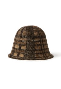 Cappello a secchiello in lana con un motivo a quadri marrone e beige. Forma arrotondata, texture morbida e una larga visiera. Nessun hardware o accenti visibili.