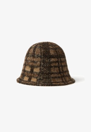 Wool bucket hat with a brown and beige plaid pattern. Rounded shape, soft texture, and a wide brim. No visible hardware or accents.