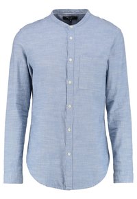 Hellblaue Hemd mit Knöpfen aus strukturiertem Stoff. Verfügt über einen Rundkragen, lange Ärmel und eine einzelne Brusttasche.