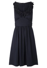 Navy blue sleeveless dress with a ruffled neckline, fitted bodice, and flared skirt. Made of soft fabric with textured detailing at the waist.