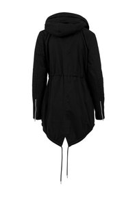 Svart huva jacka med insvängd midja, texturerade ärmar och en rundad fåll med framdragna dragkedjor och justerbara snören vid midjan.