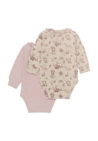 Två långärmade bodysuits: en mjuk rosa och den andra krämfärgad med bruna djur- och växttryck. Båda har tryckknappar och en tajt passform.