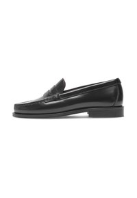 Black leather penny loafers with a smooth finish, low heel, and decorative band. Features stitched toe and minimalistic design.