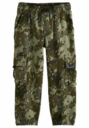 Kinder-Camouflage-Cargohosen mit elastischem Bund, schwarzer Kordel, seitlichen Taschen, Klappentaschen an den Beinen und elastischen Bündchen.