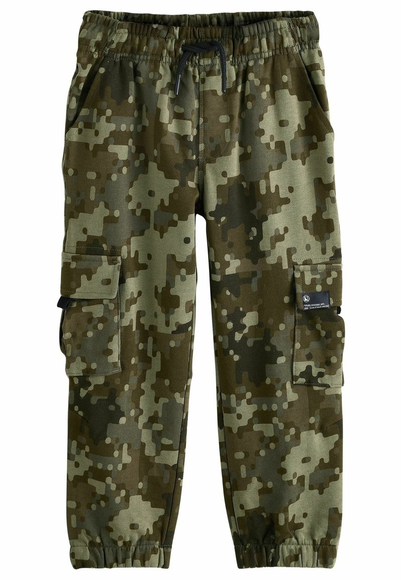 Pantalon cargo camouflage pour enfants avec taille élastique, cordon noir, poches latérales, poches à rabat sur les jambes et poignets élastiques.