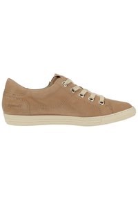Beige leather sneaker with round toe, textile laces, silver eyelets, and a textured rubber sole. "Supersoft" logo embossed on the side.