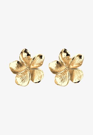 Gold flower-shaped earrings with textured petals, featuring a glossy finish and a five-petal design. Lightweight and elegant accessory.