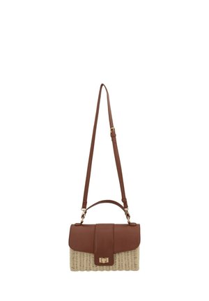 Braune Leder- und gewebte Strohtasche mit verstellbarem Riemen, Tragegriff oben und goldfarbenem Drehverschluss.