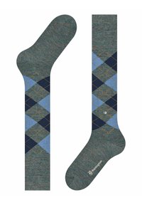 Męskie skarpetki z zielonym, niebieskim i granatowym wzorem argyle, z żółtymi akcentami. Wykonane z teksturowanego materiału, z logo na podeszwie.