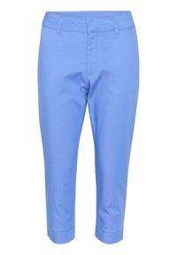 Pantaloni cropped blu chiaro, realizzati in un tessuto morbido, con vita piatta, passanti per la cintura e una vestibilità sartoriale con orli risvoltati.