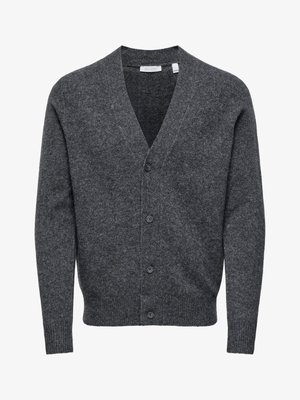 Gray cardigan in a soft knit material, featuring a V-neck, long sleeves, and five button closures down the front. Smooth texture and ribbed cuffs.